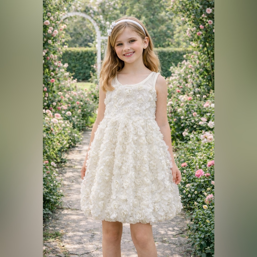 Sara Sara Ivory Floral Rosette Covered Girls sz‎ 6 Bubble Hem Dress NWT